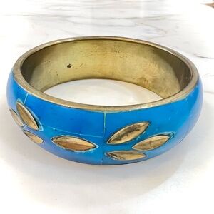 Brass and Bone Inlay Turquoise Bangle Bracelet VTG